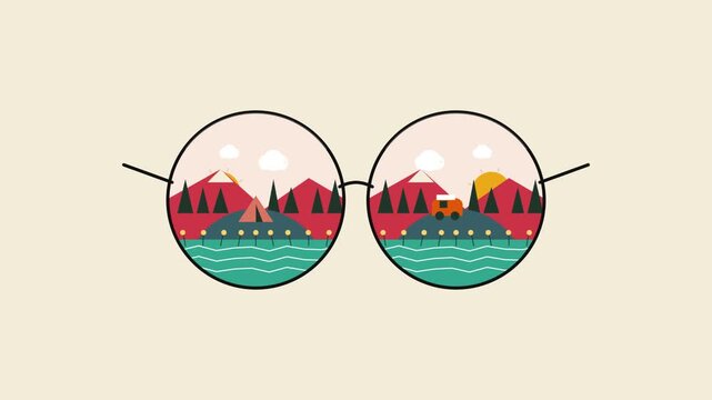 Eyeglasses Reflecting a Scenic Mountain Landscape with a Sunset and Calm Water. Modern Illustration with a Minimalist Design.