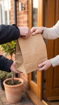 Delivery person handing a brown paper bag to a customer at the front door of a brick house, food delivery, takeaway order, courier service and contactless home delivery