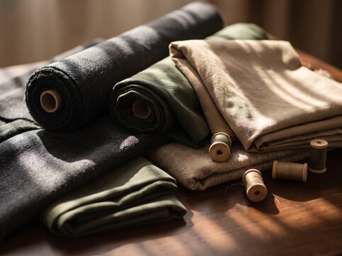 Rolls of different fabrics and textiles neatly arranged on a wooden table with still life material interior creation workshop production accessory equipment