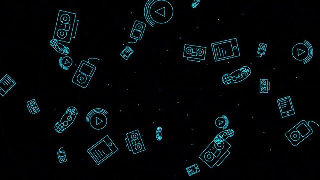 Digital technology icons floating in dark space
