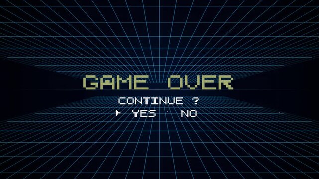 Retro 80s arcade style game over screen with a neon blue grid background and pixelated text asking to continue