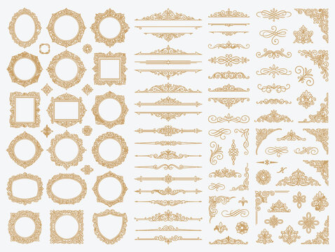 Collection of golden ornamental frames and decorative scroll borders with ornament elegance victorian decoration certificate invitation