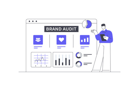 Brand Audit Marketing Analysis and Corporate Identity Evaluation. Male Specialist Pointing at Brand Audit Dashboard Screen with Charts and Metrics. Flat Cartoon Vector Illustration, icon Stylish web