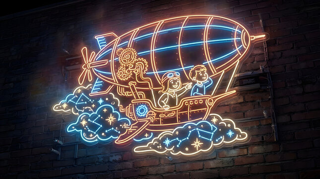 Neon sign depicting a vintage airship flying above glowing clouds on a dark brick wall with dirigible zeppelin aircraft transportation electricity illumination luminous colorful