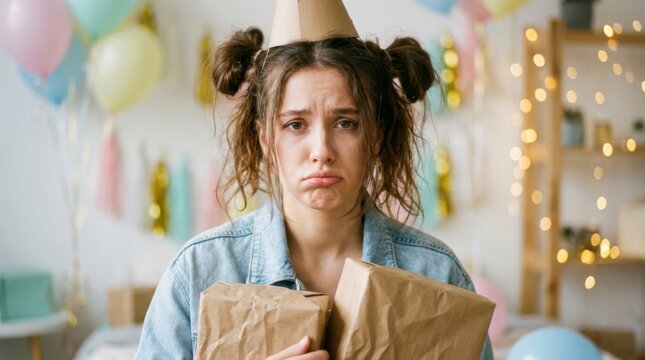 Sad young woman in a party hat holding two wrapped gifts with a disappointed expression, surrounded by balloons and festive lights, concept of a bad birthday or unwanted presents