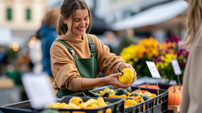 Female vendor helping a customer choose a pumpkin at a rustic fall market, crates of colorful gourds and seasonal flowers, friendly customer service, local commerce, harvest