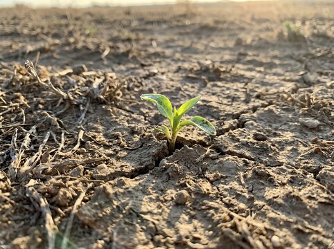 A young plant emerging from dry earth under radiant morning light represents hope, resilience, and fresh starts in nature and farming