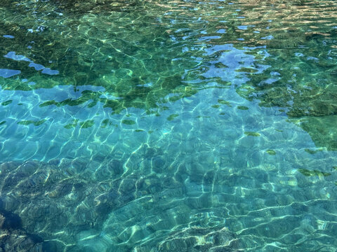 Sea turquoise water with sun glints on the surface.