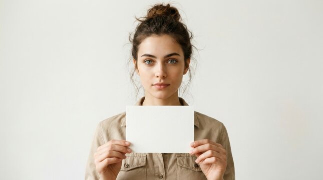 Young woman with hair bun holding blank white paper card in front of her chest, looking directly at the camera with a neutral expression, against a plain light background, concept of communication and