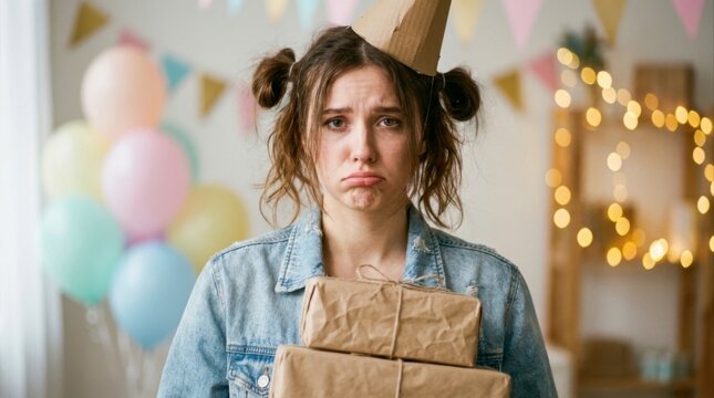 Unhappy Young Woman Wearing a Party Hat and Holding Stacked Gifts with a Sad Expression at a Birthday Celebration, concept of disappointment and negative emotions at a celebration