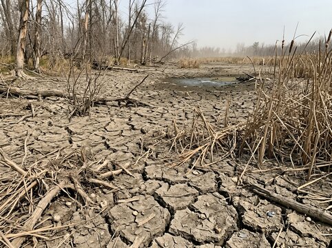 A severely dried wetland swamp and pond causing cracked soil crust from drought, showing climate change and environmental disaster effects on the earth's surface and posing a threat to