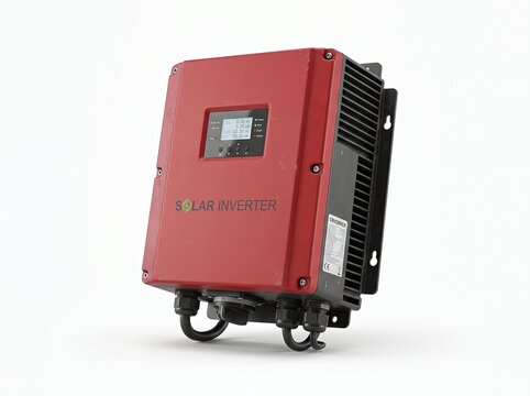 A detached red solar-power inverter set against a see-through background. Inverter for green electricity. Sustainable power