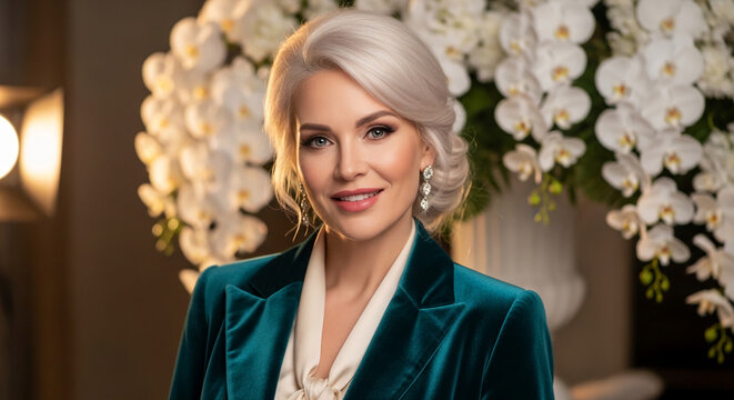 Elegant woman with blond hair and blue eyes in a teal jacket, showcasing luxury and sophistication against a backdrop of white orchids, symbolizing beauty and refinement