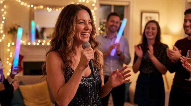Happy woman in sequined top singing karaoke with microphone, laughing and gesturing during a festive home party with friends holding glowing light sticks and clapping in the background, concept of cel