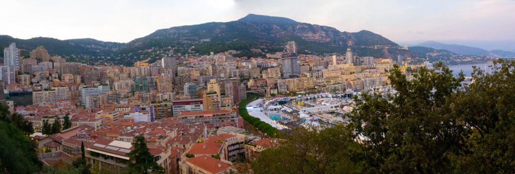 Ultra Wide Panoramic Dusk View of Monaco and Port Hercule