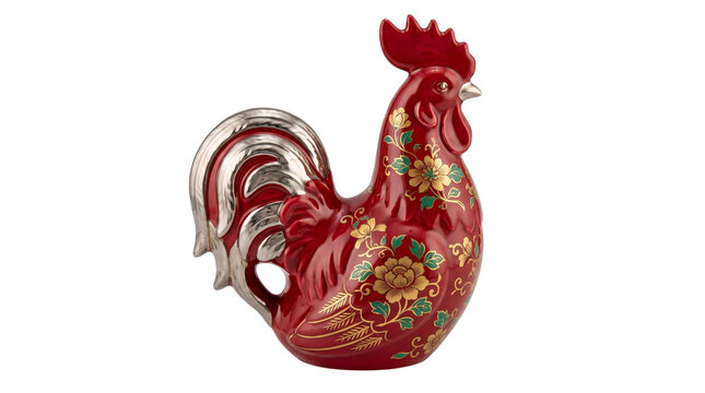 Ornate red porcelain rooster figurine with silver tail feathers and golden floral motifs isolated on black background