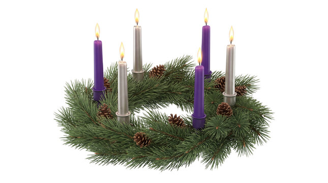 Christmas Advent evergreen pine wreath with six burning purple and silver taper candles isolated on black background