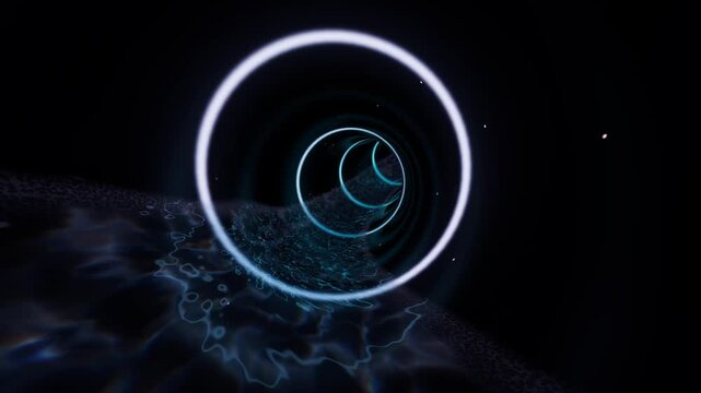 Cyan neon rings travel through an infinite cyberspace time tunnel above reflective water caustics in a horizontal 3D animation seamless loop