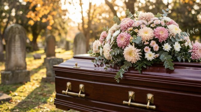 Casket with beautiful floral arrangement at a graveside funeral service in a sunlit cemetery, symbolizing remembrance and loss, concept of remembrance and loss