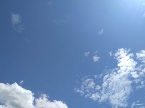 Clear blue sky with small scattered white clouds