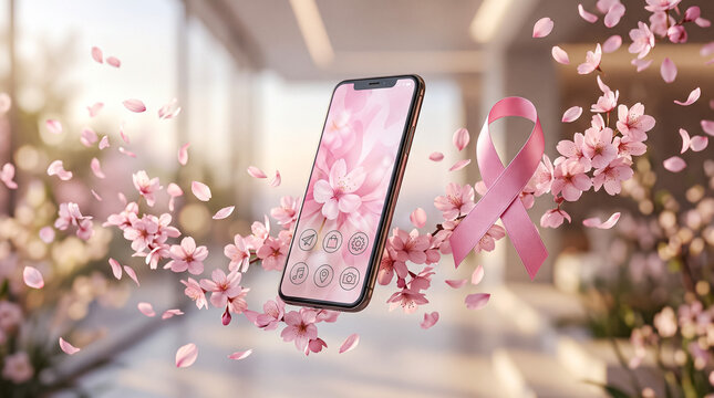 Smartphone with cherry blossoms and pink ribbon