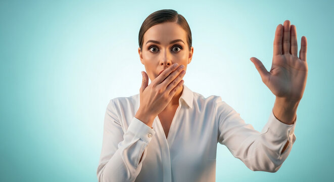 Woman with wide eyes covers mouth with hand, raising other hand. Symbolizes shock, surprise, or a secret revealed.
