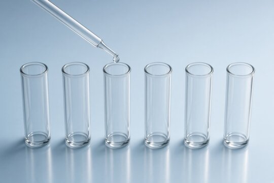 Glass laboratory pipette dispensing a liquid droplet into a row of transparent test tubes, chemistry experiment and scientific testing.