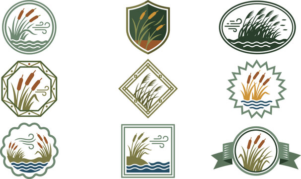 Set of decorative badges and emblems featuring reeds and cattails in various geometric shapes