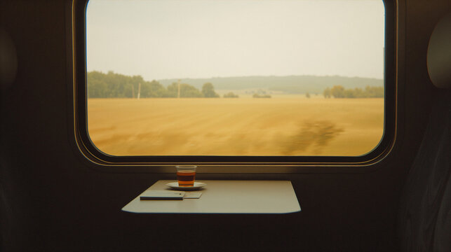 Small table with tea glass in train compartment with golden meadows flowing past the window with nostalgic calm quiet mood generative AI