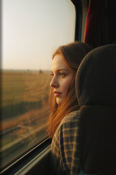 Woman in her thirties at train window in vertical portrait with countryside blurred behind her in soft warm light with nostalgic calm contemplative mood generative AI