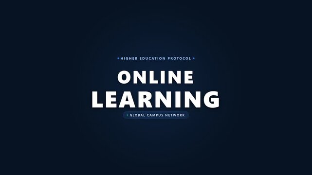 Online learning graphic concept with bold white typography against a dark blue digital background screen