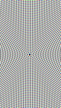 Dense circular grid of RGB subpixel dots radiates outward on a dark background in a vertical optical pattern 3D animation