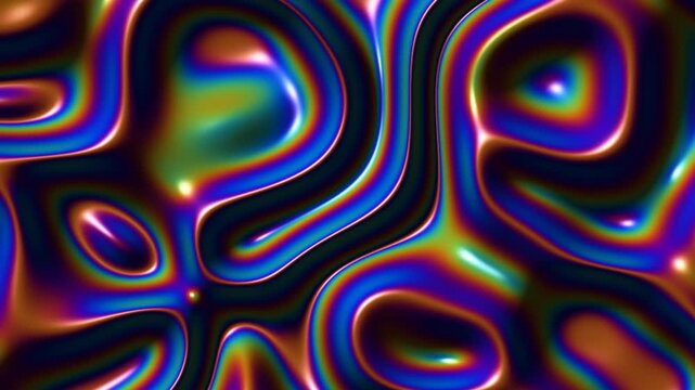 Dark iridescent liquid chrome with oil slick rainbow reflections, abstract seamless loop