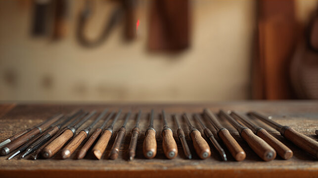 Row of leather working tools like awls stitching chisels and edge slickers on wooden bench in warm light with calm orderly handmade craft mood generative AI