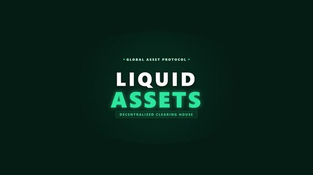 Neon glowing title graphic displaying liquid assets and decentralization elements against dark background