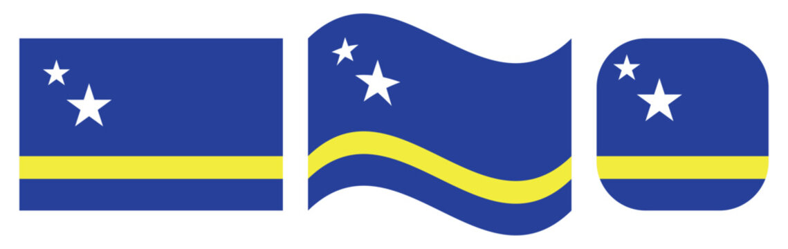 Cura&ccedil;ao national flag collection with rectangular, waving and rounded designs
