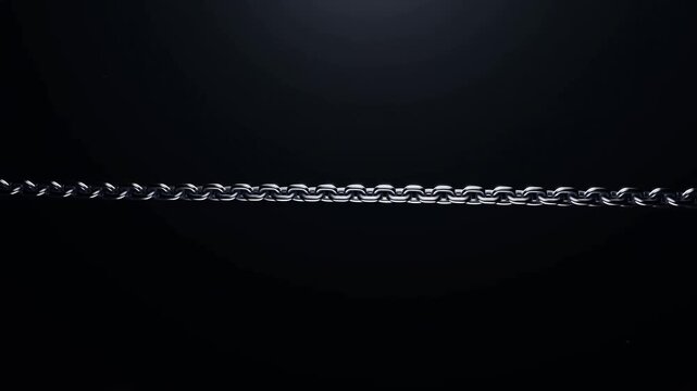 Silver chain hangs in a curved line against a dark background with its end link visible