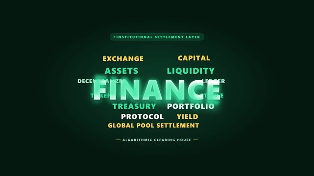 Glowing financial technology keywords flashing on dark background screen representing modern institutional market settlements