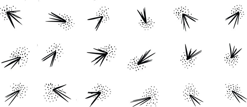 Hand drawn black ink arrows set vector illustration with minimal scattered dot accents pointing different directions
