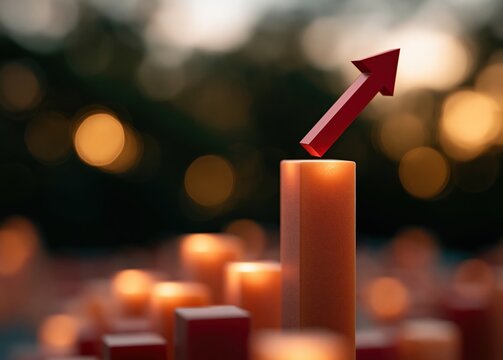 3D render depicting a rising red arrow graph over glowing orange and red bar charts, symbolizing business growth and success.