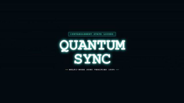 Glowing futuristic typography title graphic displaying quantum sync text with glitch effects on dark background