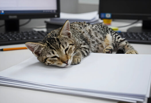 Workplace stress relief and office wellness, cute tabby kitten sleeping on a stack of paper at a desk with computer monitors in a corporate office