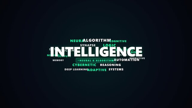 Artificial intelligence word cloud moving on a dark digital background with glowing technology terms and concepts