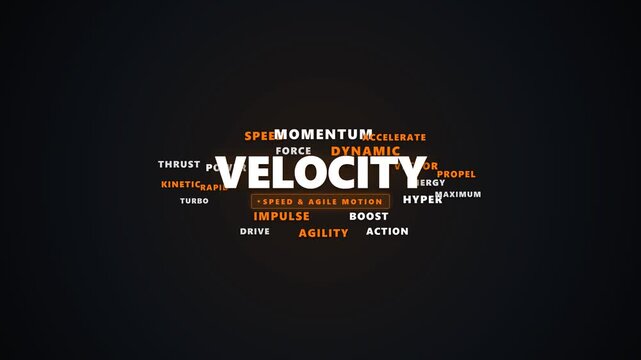 Velocity typography graphic concept with glowing orange and white words floating against dark black background