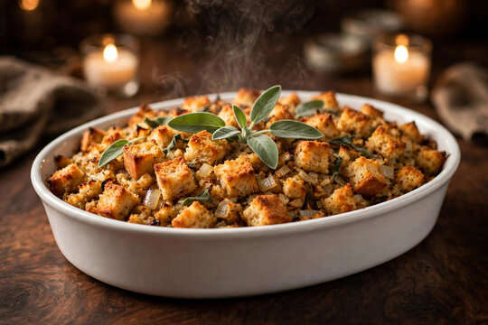 Sage and onion stuffing in a white ceramic baking dish