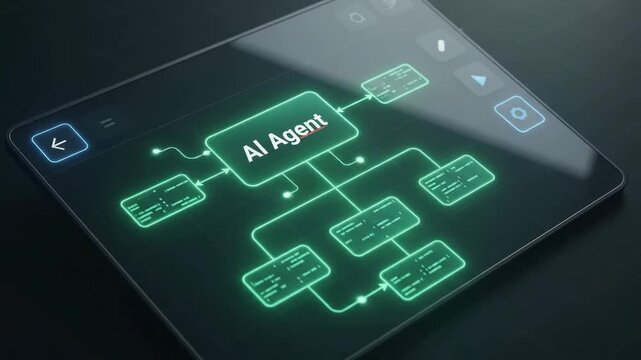 Isometric tablet displaying glowing green AI agent hierarchy decision tree diagram on dark surface