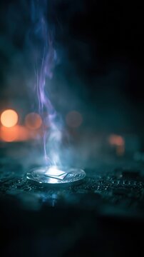 Ethereum coin integrated into a futuristic motherboard with neon purple and blue light trails. The vertical composition features a deep dark background, ideal for social media stories and mobile.