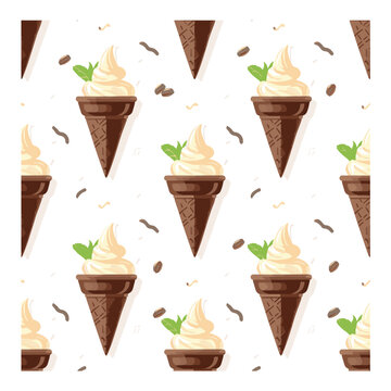 Seamless pattern with chocolate waffle cones, vanilla soft serve ice cream, mint leaves, and coffee beans vector illustration