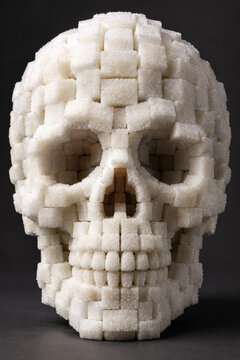 food skull of sugar made of stacked white cubes facing forward on black background, photorealistic