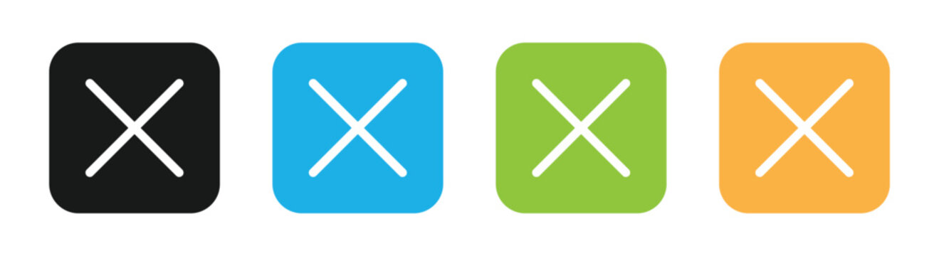 Set of Five Colorful Flat Close and Cancel Icons in Rounded Squares